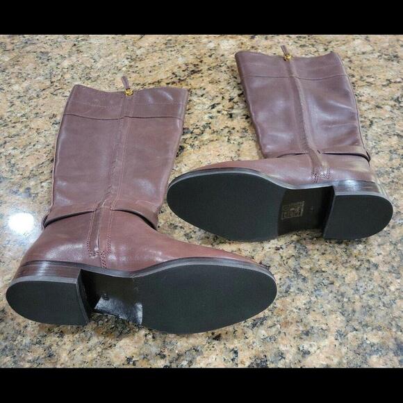 TORY BURCH Logo Everly Brown Leather Knee High Riding Tall Boots 4.5 NEW $498 - Picture 3 of 9